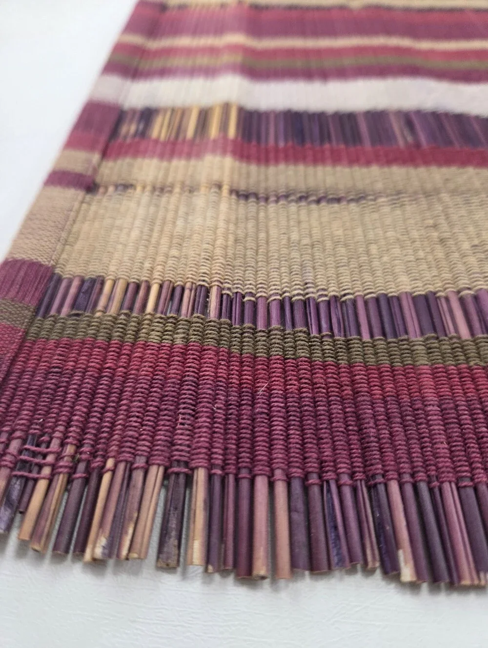 Boho Woven Slatted Bamboo Placemats Set of 2 Striped Burgundy Tan